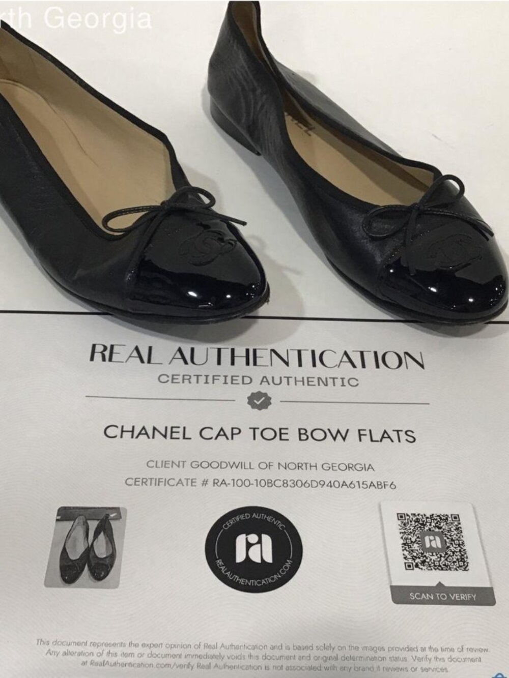 Interlocking CC Chanel Patent Leather Black Cap Toe Bow Flats - Authentic